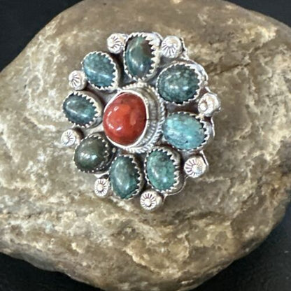 Navajo Blue Spiderweb Turquoise Coral Cluster Ring | Authentic Native American Sterling Silver | Multi-Stone | Sz 9.5 | 17182