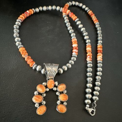 Navajo Pearls Orange Spiny Oyster Naja Pendant | Sterling Silver Necklace | Authentic Native American Handmade | 16804