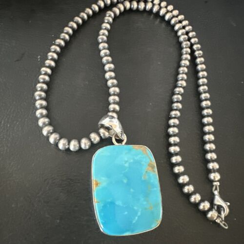 Navajo Blue Kingman Turquoise Pendant Necklace | Sterling Silver Pearls | 20" | 16699