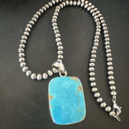 Navajo Blue Kingman Turquoise Pendant Necklace | Sterling Silver Pearls | 20" | 16699