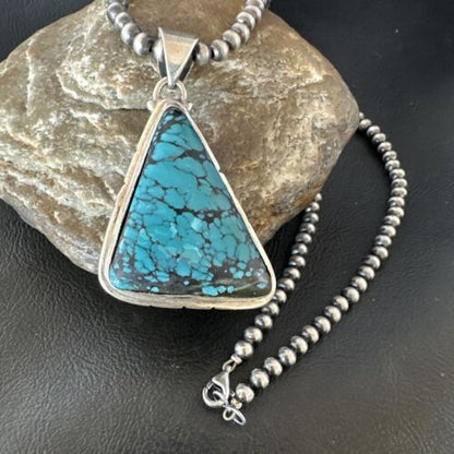 Men's Navajo Blue Spiderweb Turquoise Pendant Necklace | Sterling Silver | Authentic Native American Handmade | 16214
