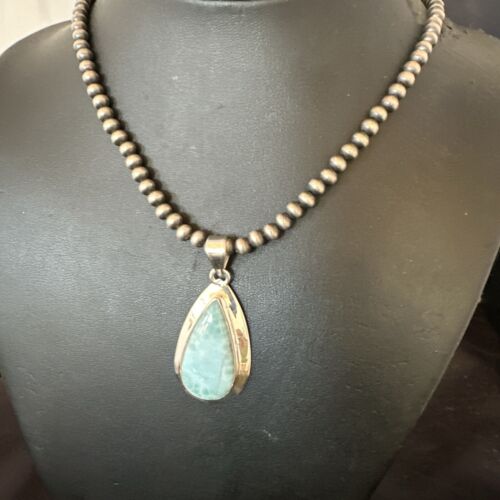 Navajo Blue Larimar Pendant Necklace | Sterling Silver Beads | Authentic Native American Handmade | 16963