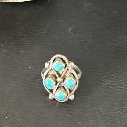 Navajo Blue Kingman Turquoise Cluster Ring | Authentic Native American Sterling Silver | Multi-Stone | Sz 5 | 15357