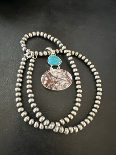 Navajo Wild Horse Blue Kingman Turquoise Necklace | Sterling Silver | Authentic Native American Handmade | 17308