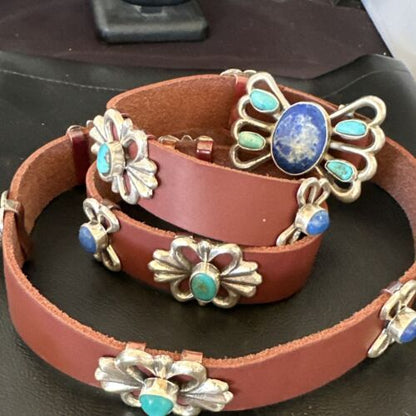 Men's Kingman Turquoise Lapis Concho Belt | Sterling Silver Navajo Tufa | Authentic Native American Handmade | 16682 - Masha USA