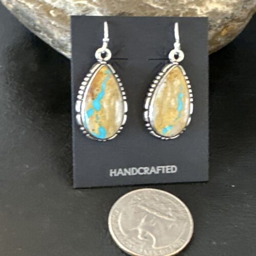 Navajo Blue Boulder Turquoise Dangle Earrings | Sterling Silver | Authentic Native American Handmade | 16497