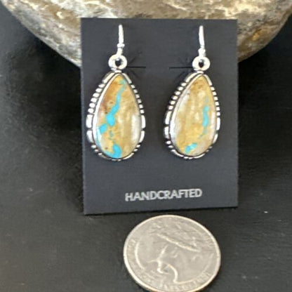Navajo Blue Boulder Turquoise Dangle Earrings | Sterling Silver | Authentic Native American Handmade | 16497