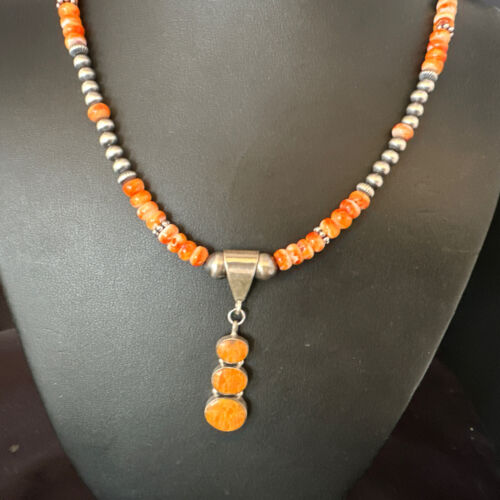 Navajo Orange Spiny Oyster Pendant with Pearls | Sterling Silver Necklace | Authentic Native American Handmade | 15255