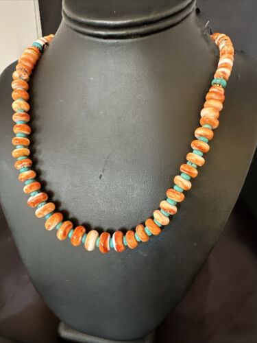 Navajo Orange Spiny Blue Turquoise Necklace | Sterling Silver | 23" | Authentic Native American Handmade | 17544