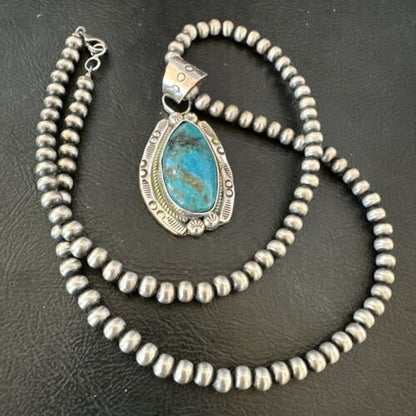 Navajo Pearls Kingman Turquoise Pendant Necklace | Sterling Silver | Authentic Native American Handmade | 17127