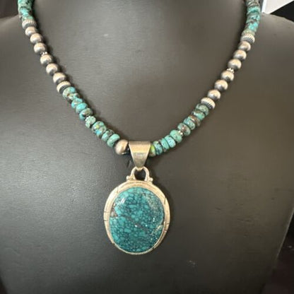 Men's Blue Spiderweb Turquoise Pendant Necklace | Navajo Sterling Silver | Authentic Native American Handmade | 17082