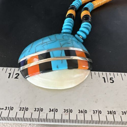 Santo Domingo Shell Turquoise Spiny Inlay Necklace | Sterling Silver | 22" | Authentic Native American Handmade | 15321