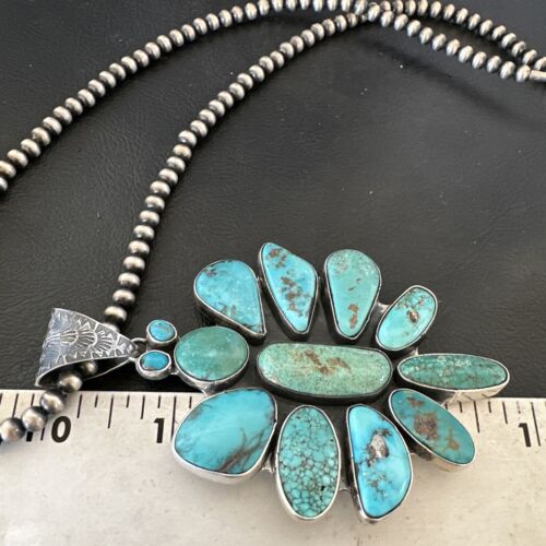 Navajo Blue Kingman Turquoise Cluster Pendant Necklace | Sterling Silver | Native American Handmade | 16797