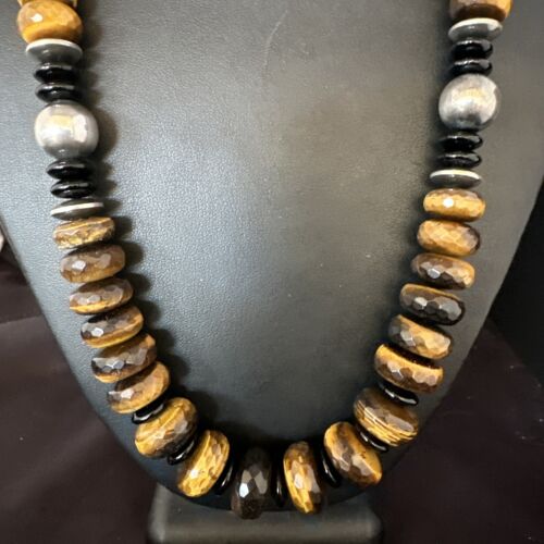 Navajo Coffee Tiger's Eye & Black Onyx Necklace | Sterling Silver Navajo Pearls | 22" | Authentic Native American | 15228