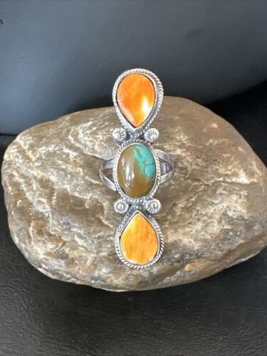 Navajo Green Turquoise Spiny Oyster Multi-Stone Ring | Authentic Native American Sterling Silver | Sz 11 | 16728