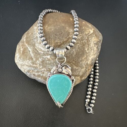 Navajo Blue Turquoise Pendant Necklace | Sterling Silver Pearls | Authentic Native American Handmade | 15648