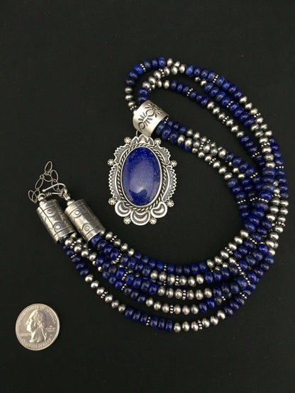 Navajo Lapis Lazuli Multi-Strand Necklace Pendant | Sterling Silver | Authentic Native American Handmade | 1273