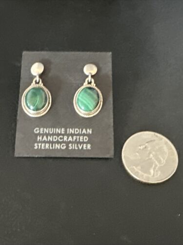 Navajo Green Malachite Dangle Earrings | Sterling Silver | Authentic Native American Handmade | 14922