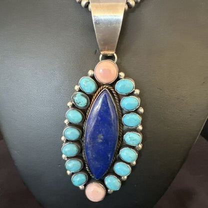 Navajo Multi-Stone Necklace | Lapis, Pink, Blue Turquoise | Sterling Silver | Authentic Native American Handmade | 17455