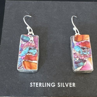 Navajo Blue Turquoise & Red Spiny Oyster Inlay Dangle Earrings | Sterling Silver | Native American Handmade | 15576