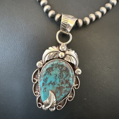 Navajo Blue Turquoise Pendant Necklace | Sterling Silver Pearls | Authentic Native American Handmade | 15643
