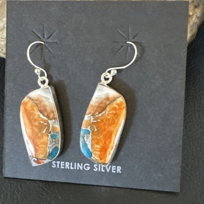 Navajo Blue Turquoise & Orange Spiny Oyster Inlay Dangle Earrings | Sterling Silver | Authentic Native American Handmade | 15580