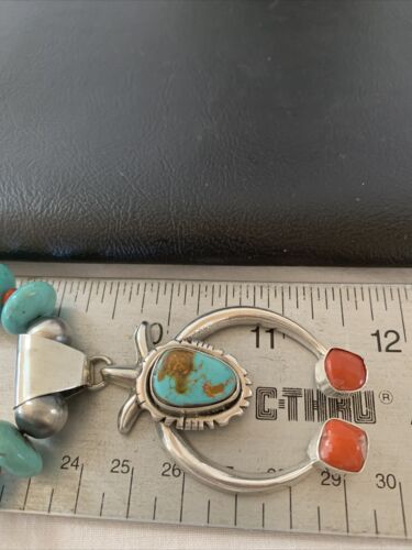 Navajo Blue Turquoise Coral Naja Pendant Necklace | Sterling Silver | Authentic Native American Handmade | 02082