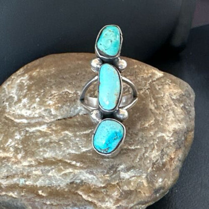 Navajo Blue Turquoise Cluster Ring | Authentic Native American Sterling Silver | Multi-Stone | Sz 7 | 17841