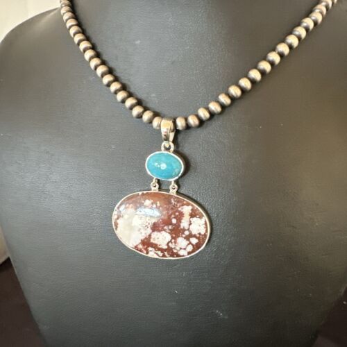 Navajo Wild Horse | Blue Kingman Turquoise Necklace | Sterling Silver | Authentic Native American Handmade | 17305
