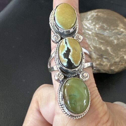 Navajo Green Royston Turquoise Multi-Stone Ring | Authentic Native American Sterling Silver | Sz 10.5 | 16722