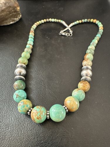 Navajo Green Turquoise Bead Necklace | Sterling Silver | Graduated | 20" | Authentic Native American | 17433