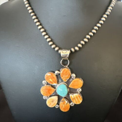 Navajo Blue Turquoise | Spiny Oyster Pendant Necklace | Sterling Silver | Multi-Stone | 16862