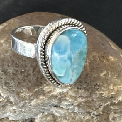 Navajo Blue Larimar Ring | Sterling Silver | Sz 7 | Authentic Native American Handmade | 17663