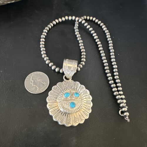 Navajo Sunface Blue Kingman Turquoise Pendant | Sterling Silver | 2.75" | Authentic Native American Handmade | 15209