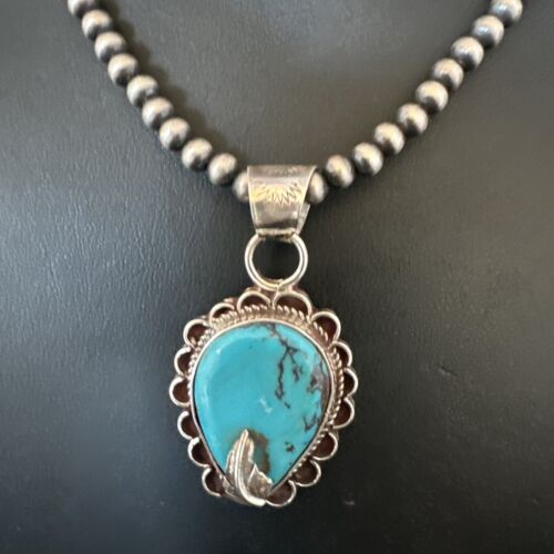 Navajo Blue Turquoise Pendant Necklace | Sterling Silver Pearls | Authentic Native American Handmade | 15651