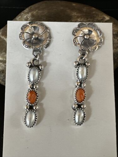 Navajo Orange Spiny Oyster Dangle Earrings | Sterling Silver Pearls | Authentic Native American Handmade | 15328