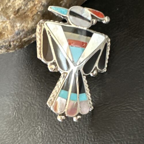 Zuni Turquoise Onyx Peyote Bird Inlay Ring | Sterling Silver | Sz 7 | Authentic Native American Handmade | 15390