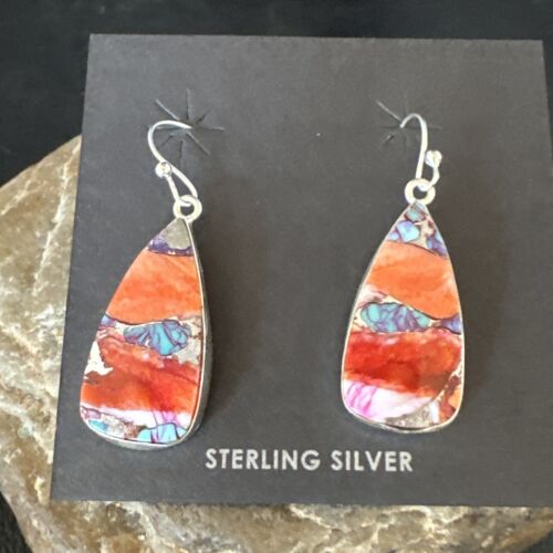 Navajo Blue Turquoise Red Spiny Oyster Inlay Dangle Earrings | Sterling Silver | 15560