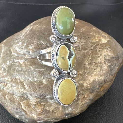 Navajo Green Royston Turquoise Multi-Stone Ring | Authentic Native American Sterling Silver | Sz 10.5 | 16722