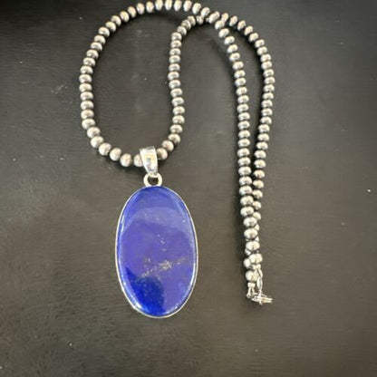 Navajo Blue Lapis Pendant with Pearls | Sterling Silver Necklace | 20" | Authentic Native American Handmade | 16910
