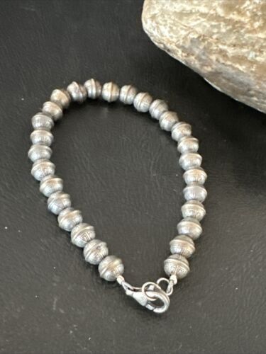 Handmade Stamped Navajo Pearls Bracelet | 6mm Beads | 8" Sterling Silver | Authentic Native American | 17447
