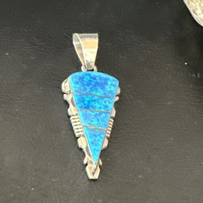 Navajo Arrowhead Blue Opal Inlay Pendant Necklace | Sterling Silver | Authentic Native American Handmade | 15677