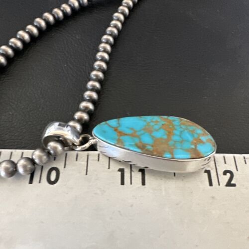 Navajo Blue Kingman Turquoise Pendant Necklace | Sterling Silver Pearls | 20" | Authentic Native American Handmade | 16673