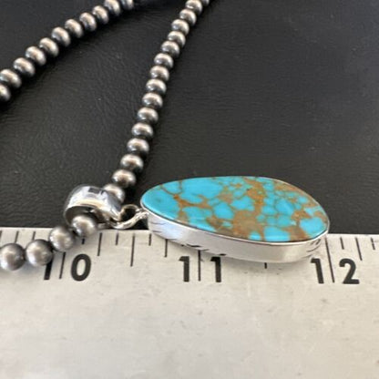 Navajo Blue Kingman Turquoise Pendant Necklace | Sterling Silver Pearls | 20" | Authentic Native American Handmade | 16673