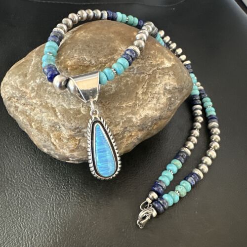 Navajo Opal Inlay Pendant with Turquoise & Lapis | Sterling Silver Necklace | Authentic Native American Handmade | 16849