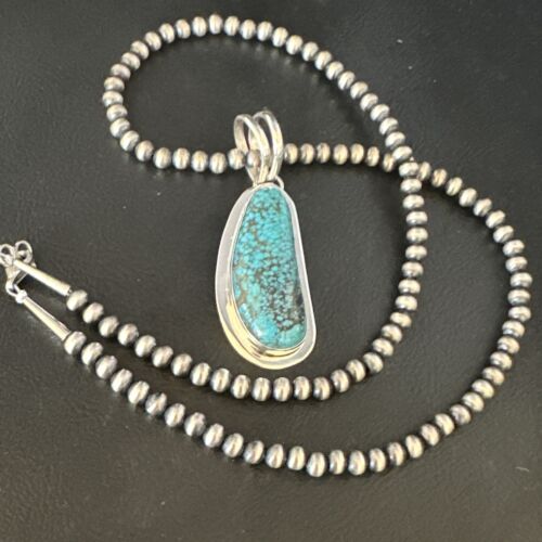 Men's Blue Spiderweb Turquoise Pendant Necklace | Navajo Sterling Silver | Authentic Native American Handmade | 14971