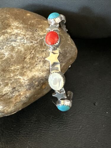 Fourth July Blue Turquoise Coral Mother Of Pearl Navajo Sterling Silver Cuff Bracelet 15338