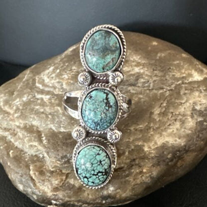 Navajo Blue Spiderweb Turquoise 3-Stone Ring | Authentic Native American Sterling Silver | Multi-Stone | Sz 9 | 16706