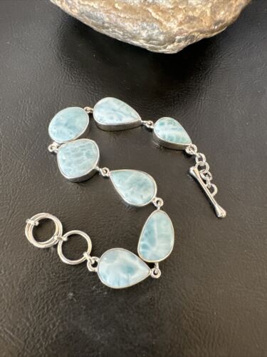 Navajo Blue Larimar Bracelet | Sterling Silver 7 Link | 8" | Authentic Native American Handmade | 16085