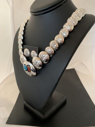 Navajo Coral Turquoise Necklace | Graduated Sterling Silver Pillow Stamped | 15635